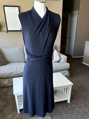 Maeve Black Knit Sleeveless Sheath Dress Cowl Neck Button Ruched